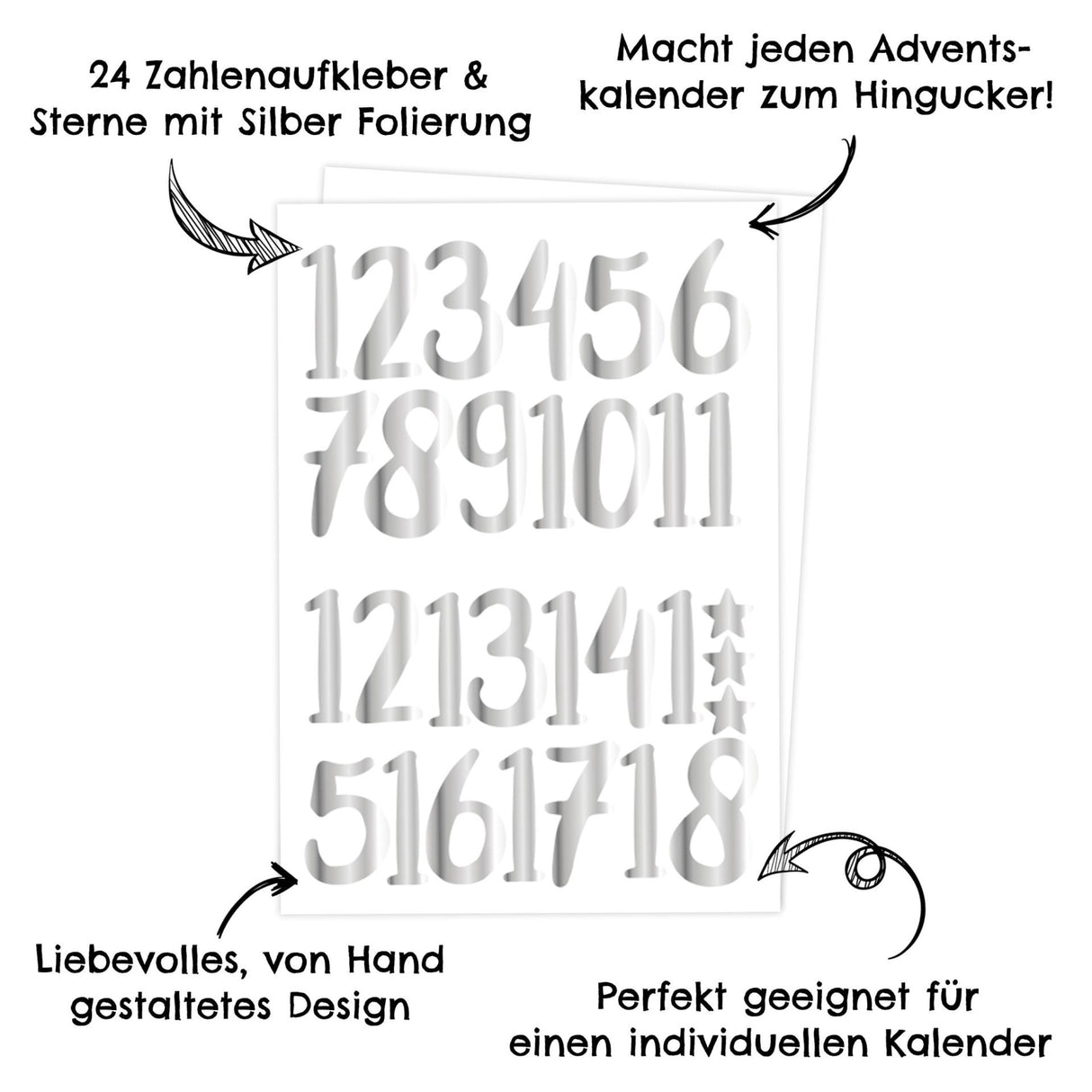Adventszahlen für Adventskalender Silber Metallic