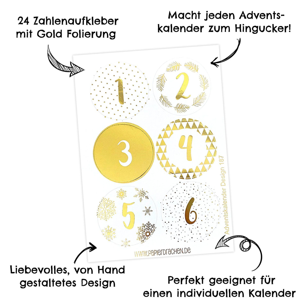Adventskalender Zahlensticker Gold Weiss