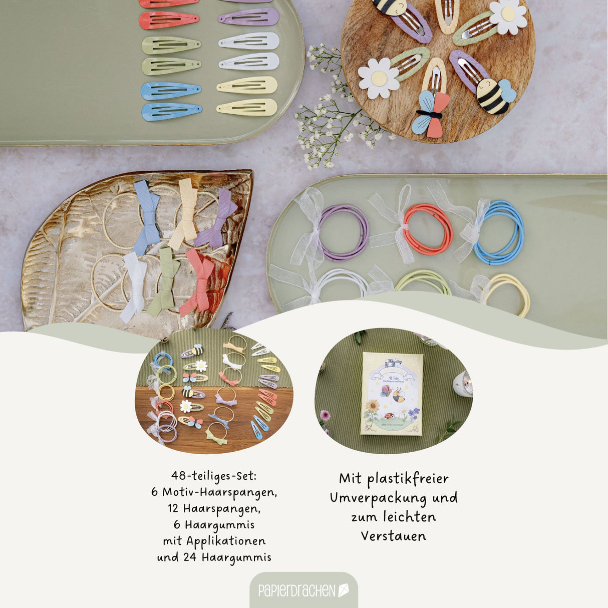 Haarspangen & Haargummies 48-teilig – Frühling