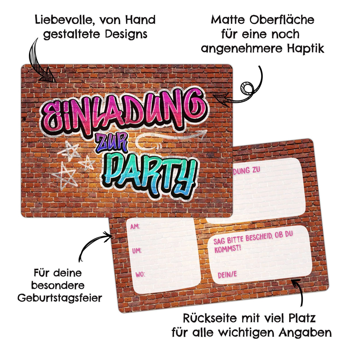 12 Einladungskarten Kindergeburtstag Graffiti Pink