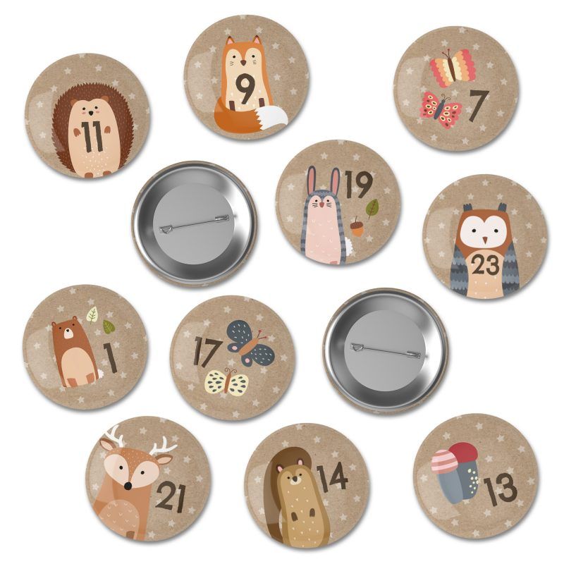 Adventskalender Zahlen Buttons Waldtiere