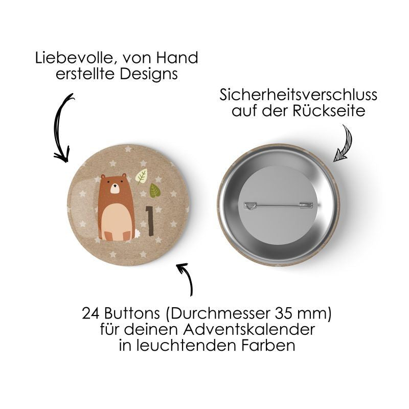 Adventskalender Zahlen Buttons Waldtiere