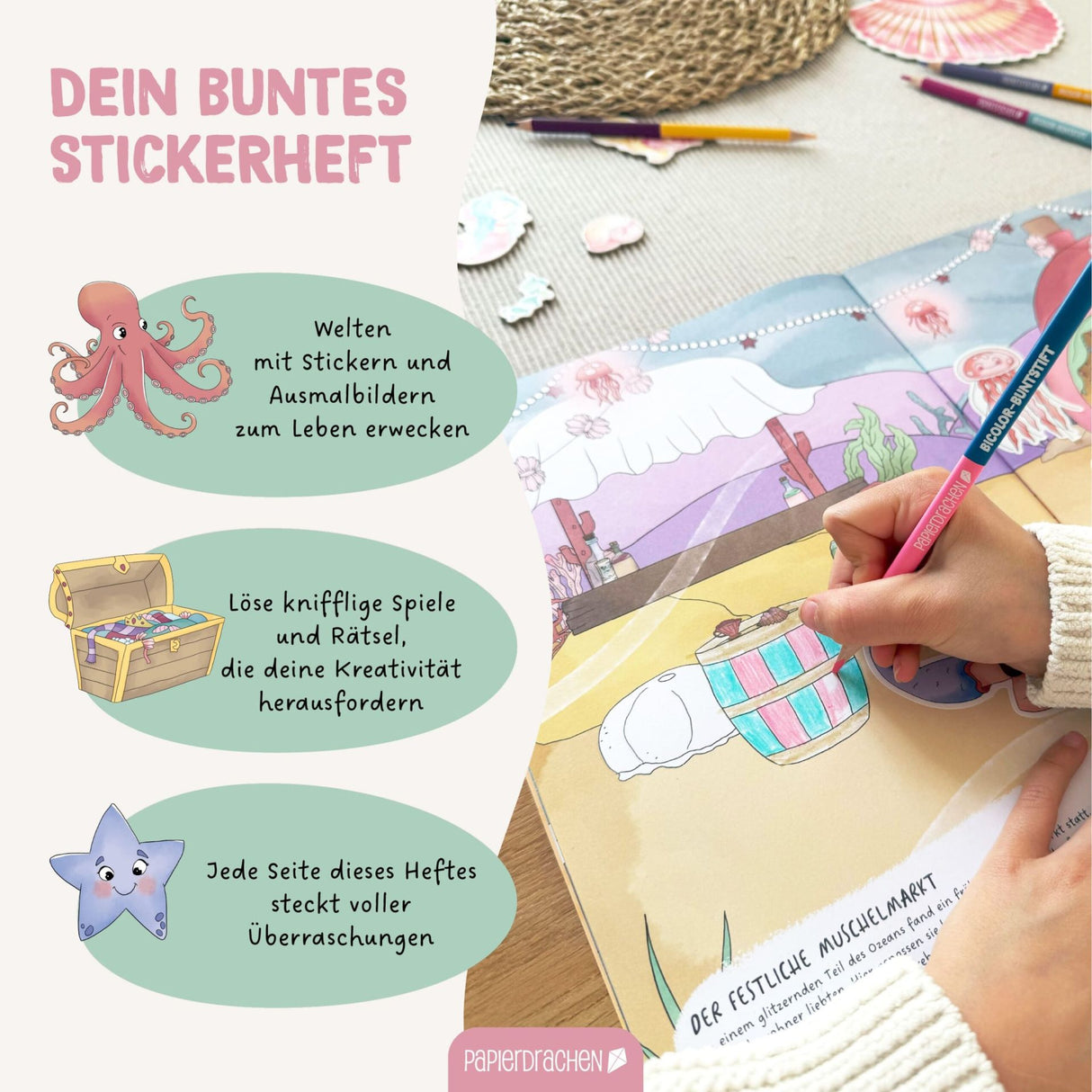 Kreatives Unterwasserwelt Heft - Malen, Rätseln & Stickern