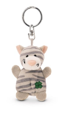 Mini Schlüsselanhänger Plüsch Katze Grau mit Kleeblatt