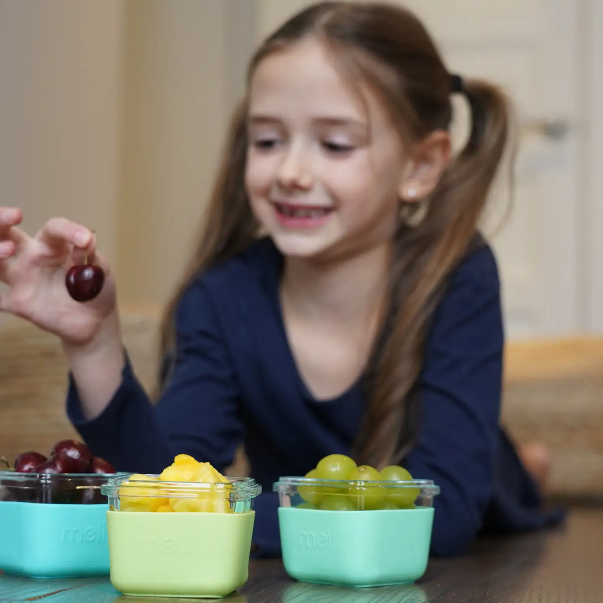 Melii Lebensmittelbehälterset aus Glas mit Silikonhülle Blau
