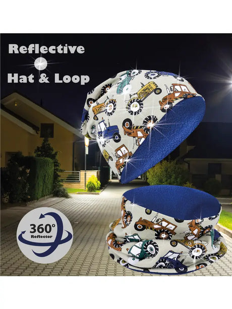 Kinder Winter Mütze & Loop Schal Reflektierend Traktor