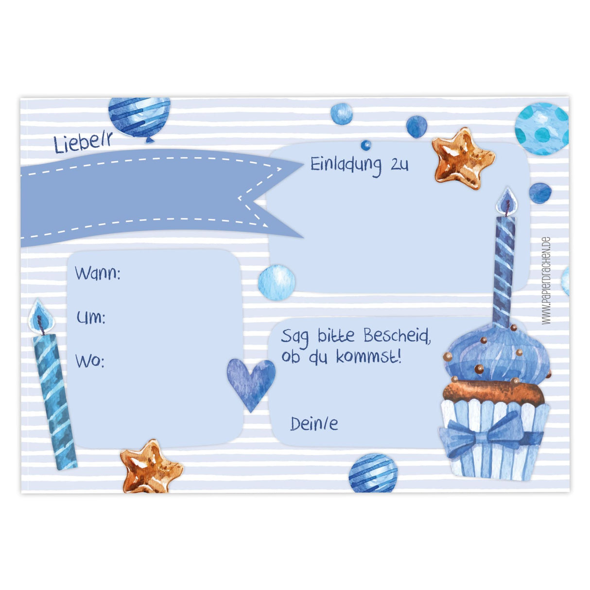 12 Einladungskarten Kindergeburtstag Muffin Blau