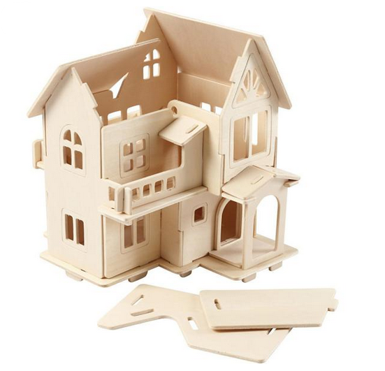 Wichtelhaus 3D mit Balkon aus Holz Nature