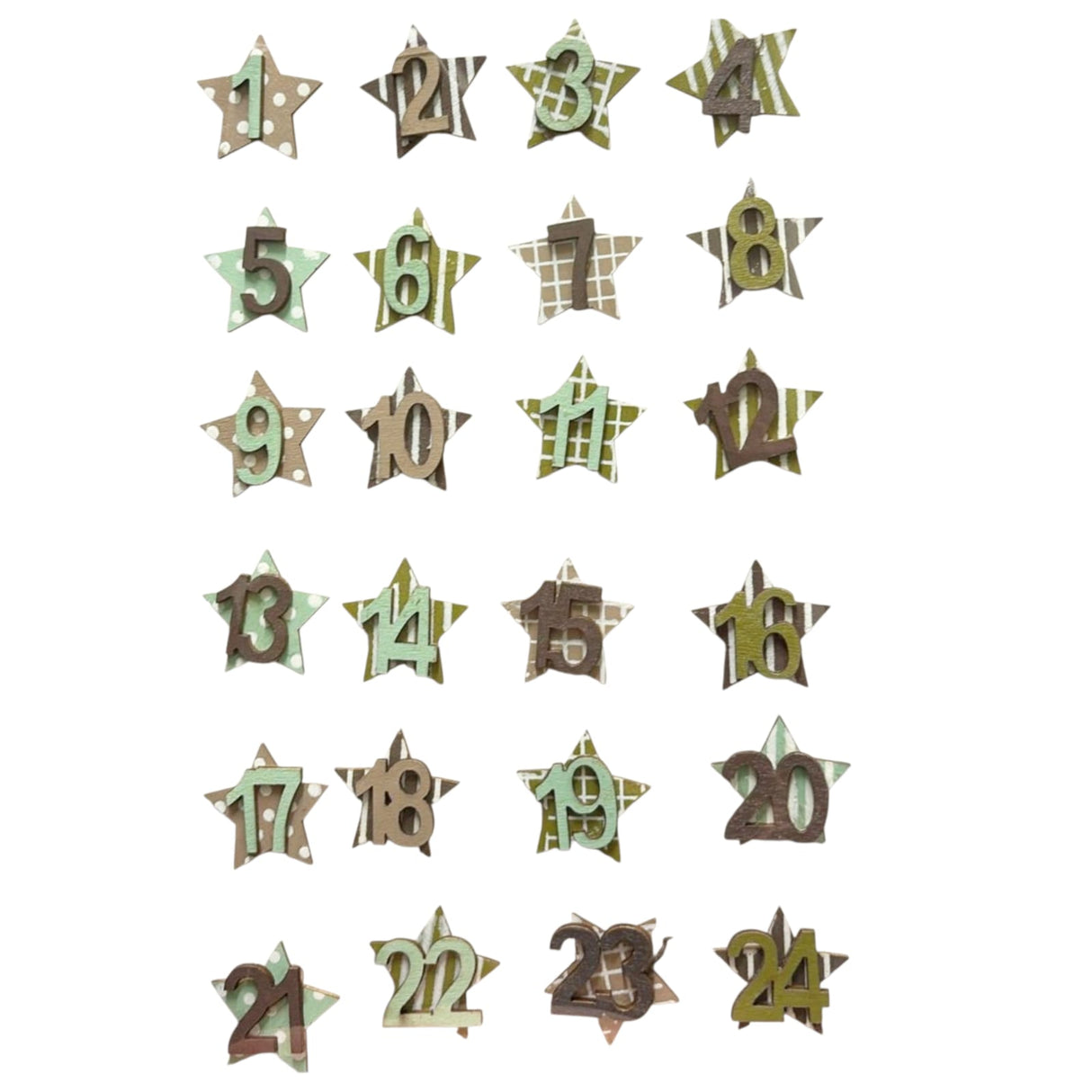 Adventskalender Holzsterne mit Klebepunkt Braun-Mint