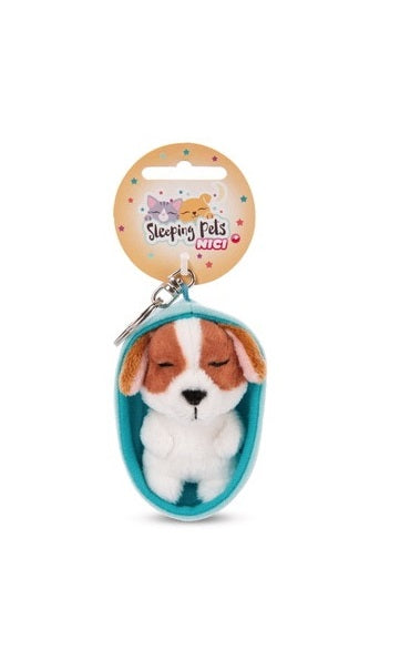Schlüsselanhänger Plüsch Sleeping Pets Hund Weiss/Braun