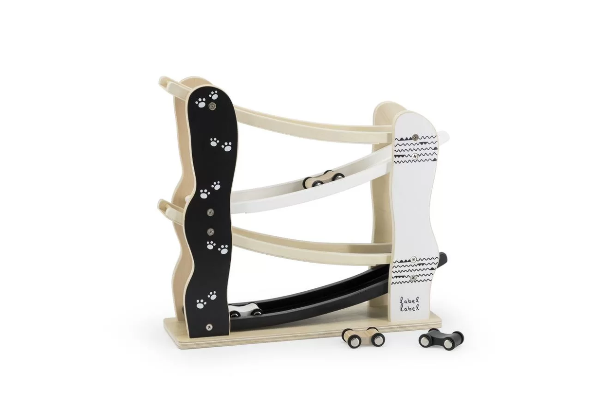 Label Label Kugelbahn mit Auto Schwarz Weiss