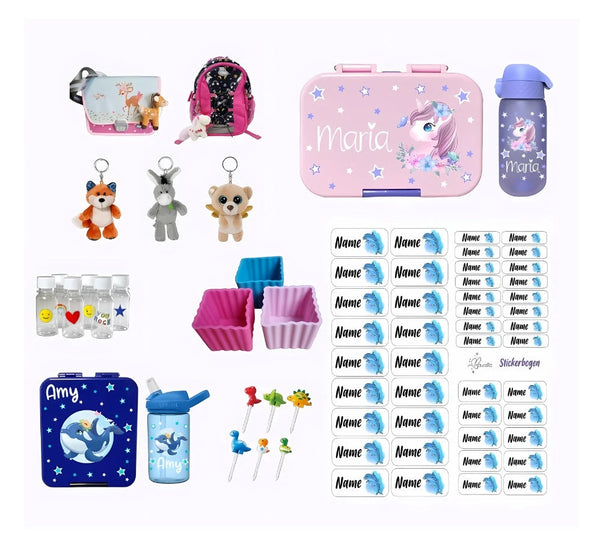 Verschiedene Schulstart-Produkte für Kinder: Personalisierte Trinkflaschen und Brotdosen mit Tiermotiven und Namen