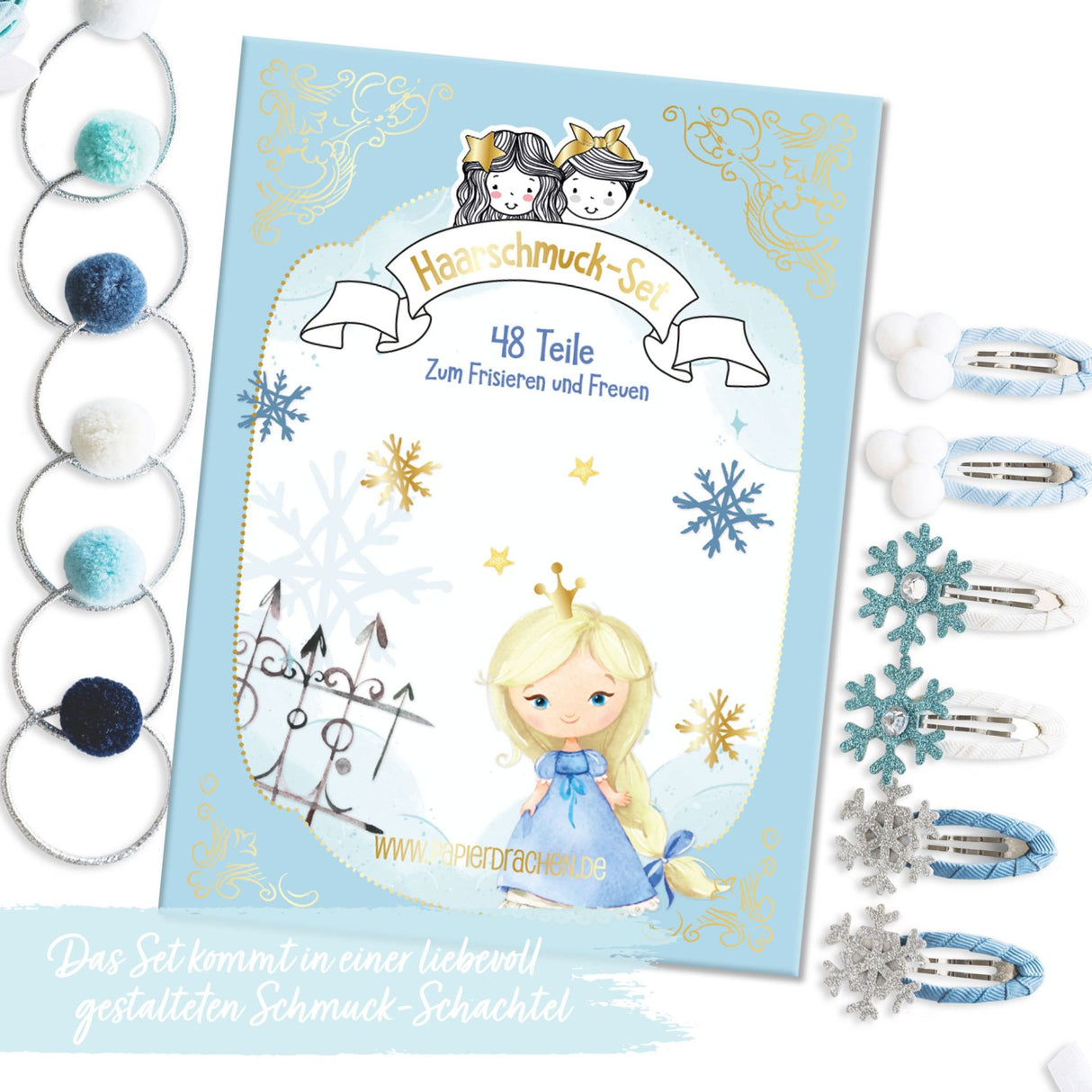 48 Haarspangen & Haargummies – Schneeprinzessin