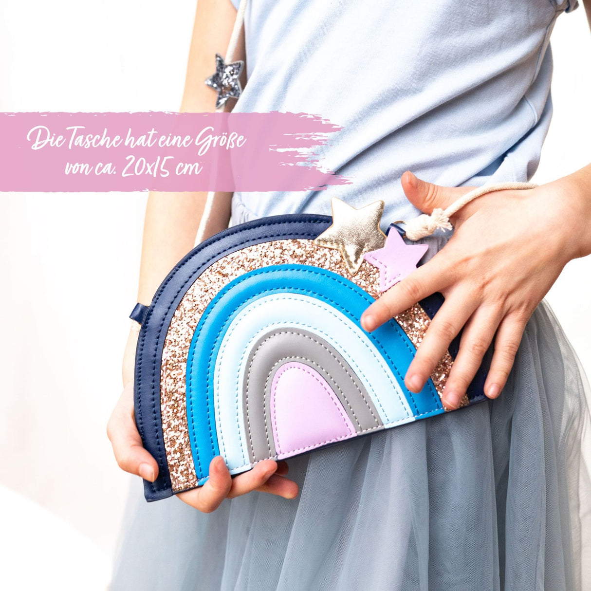 Kinderhandtasche Regenbogen Glitzer Blau