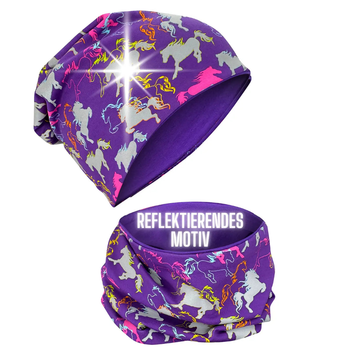 Kinder Winter Beanie Mütze & Loop Schal Reflektierend Pferd