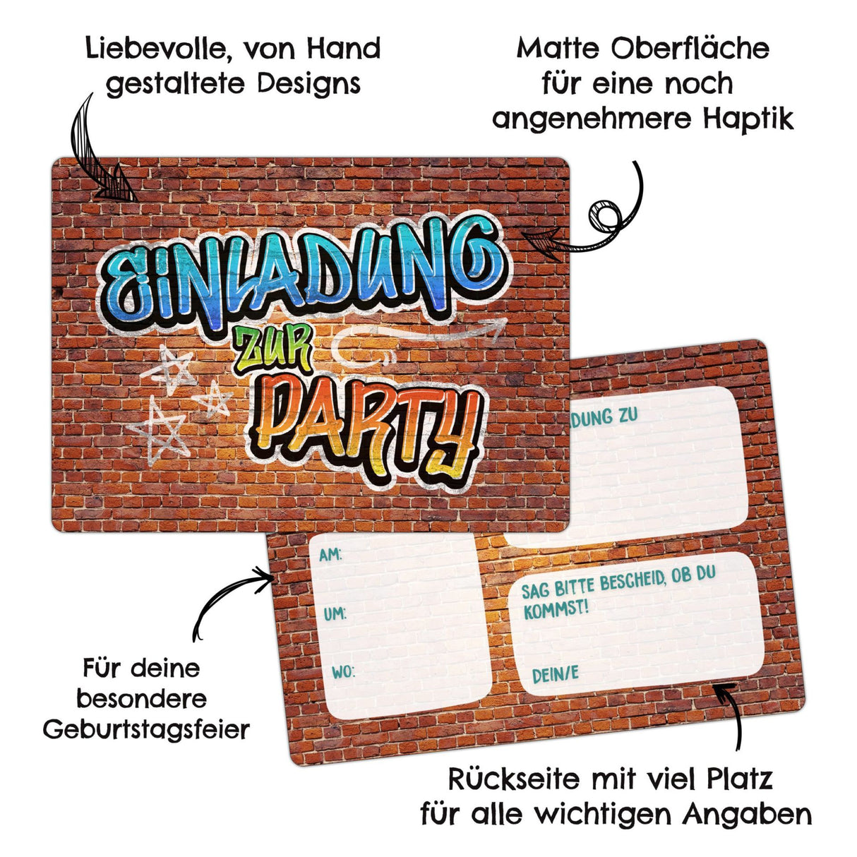 12 Einladungskarten Kindergeburtstag Graffiti Blau