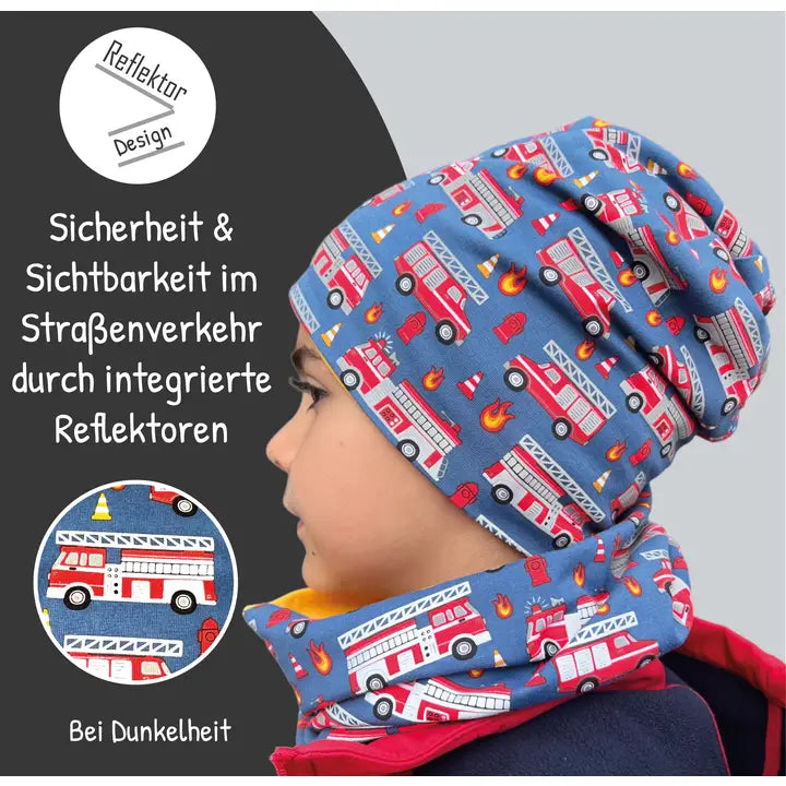 Kinder Winter Mütze & Loop Schal Reflektierend Feuerwehr