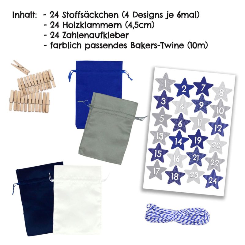 Adventskalender Stoffsäckchen Blau Anthrazit