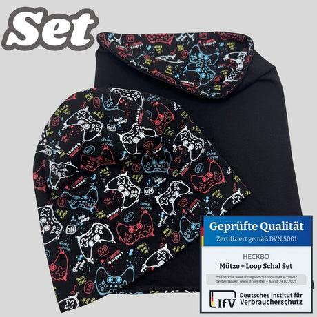 Kinder Übergangs Mütze & Loop Schal Game