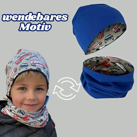 Kinder Beanie Mütze & Loop Schal Reflektierend Einsatzfahrzeuge
