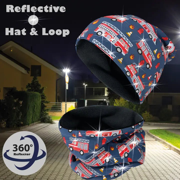 Kinder Winter Mütze & Loop Schal Reflektierend Feuerwehr