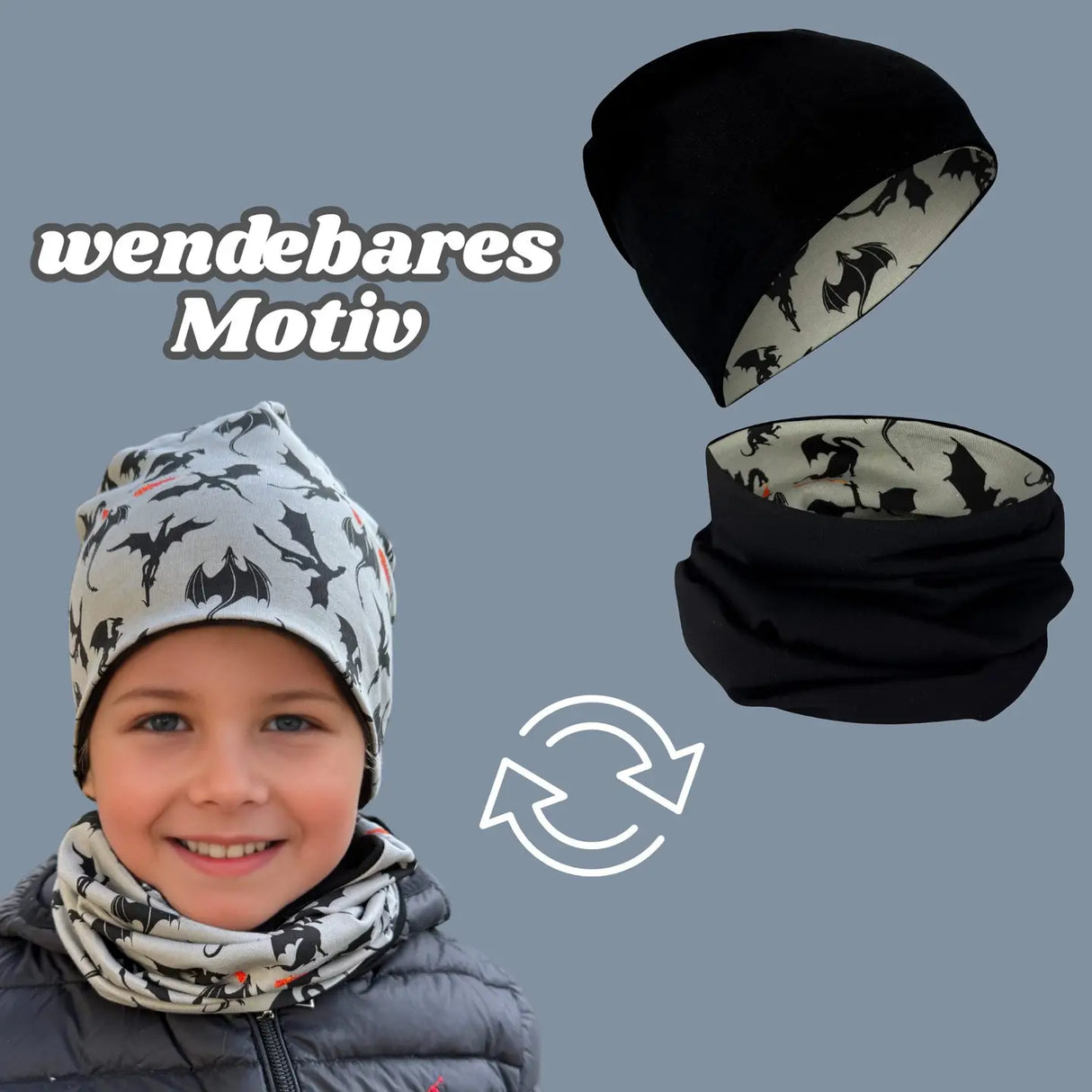 Kinder Beanie Mütze & Loop Schal Reflektierend Drache