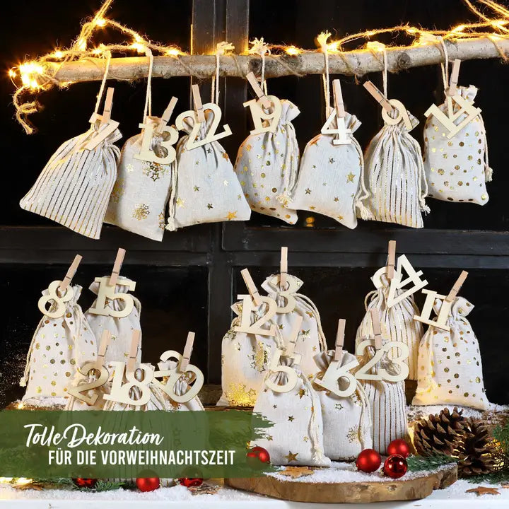 Adventskalender Stoffsäckchen mit Goldfolierung