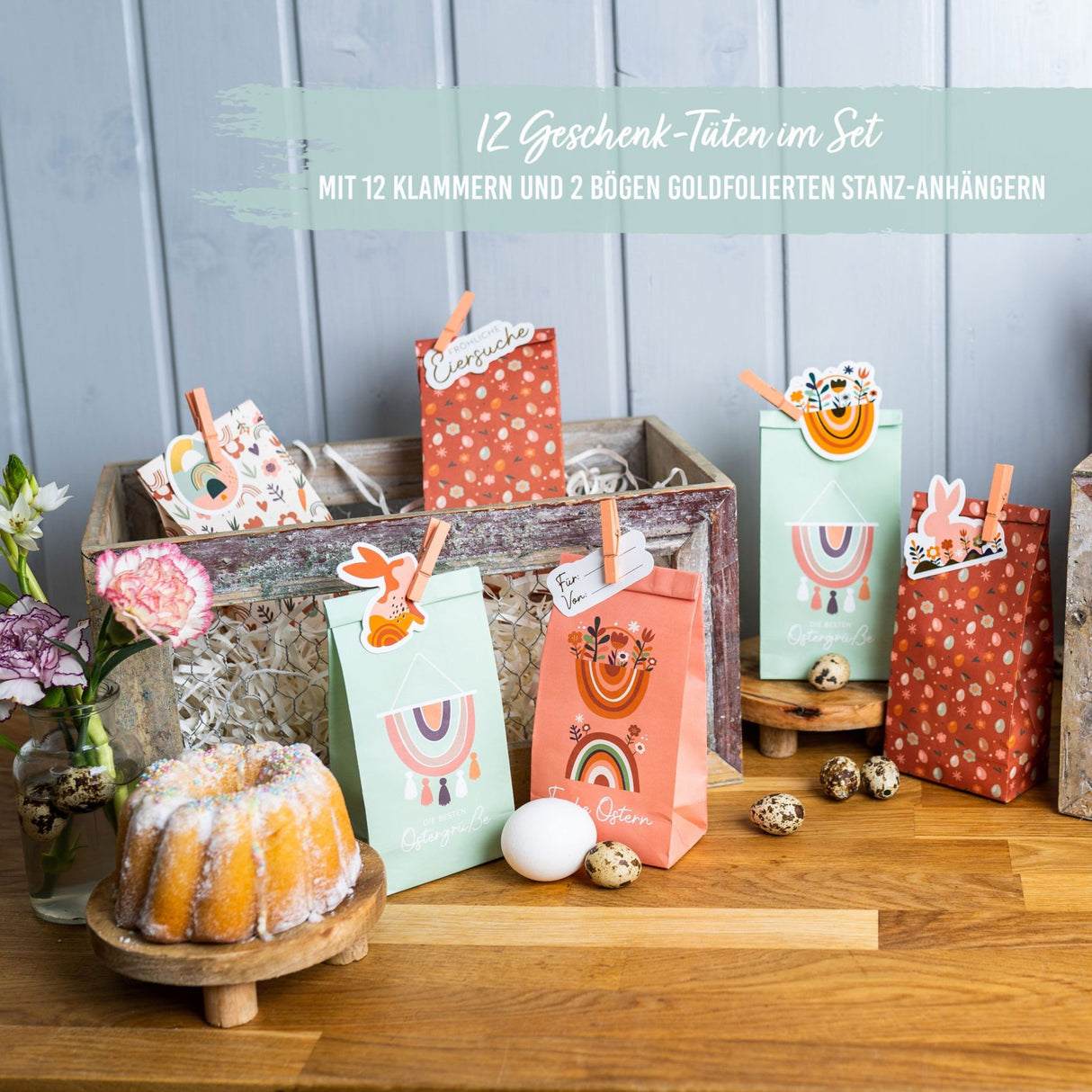 Osternest Papiertüten mit Anhänger Boho