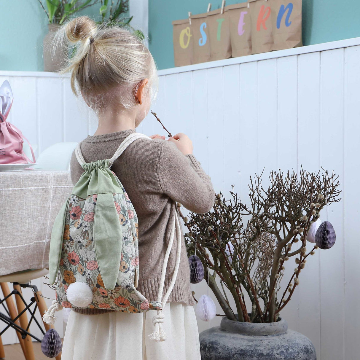 Rucksack und Turnbeutel Hase mit Ohren und Pommel Mint