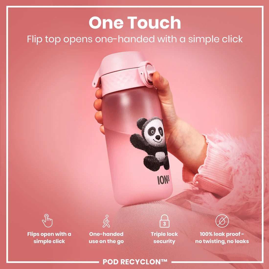 Kinder Trinkflasche Ion8 400ml mit Motiv Panda Rosa