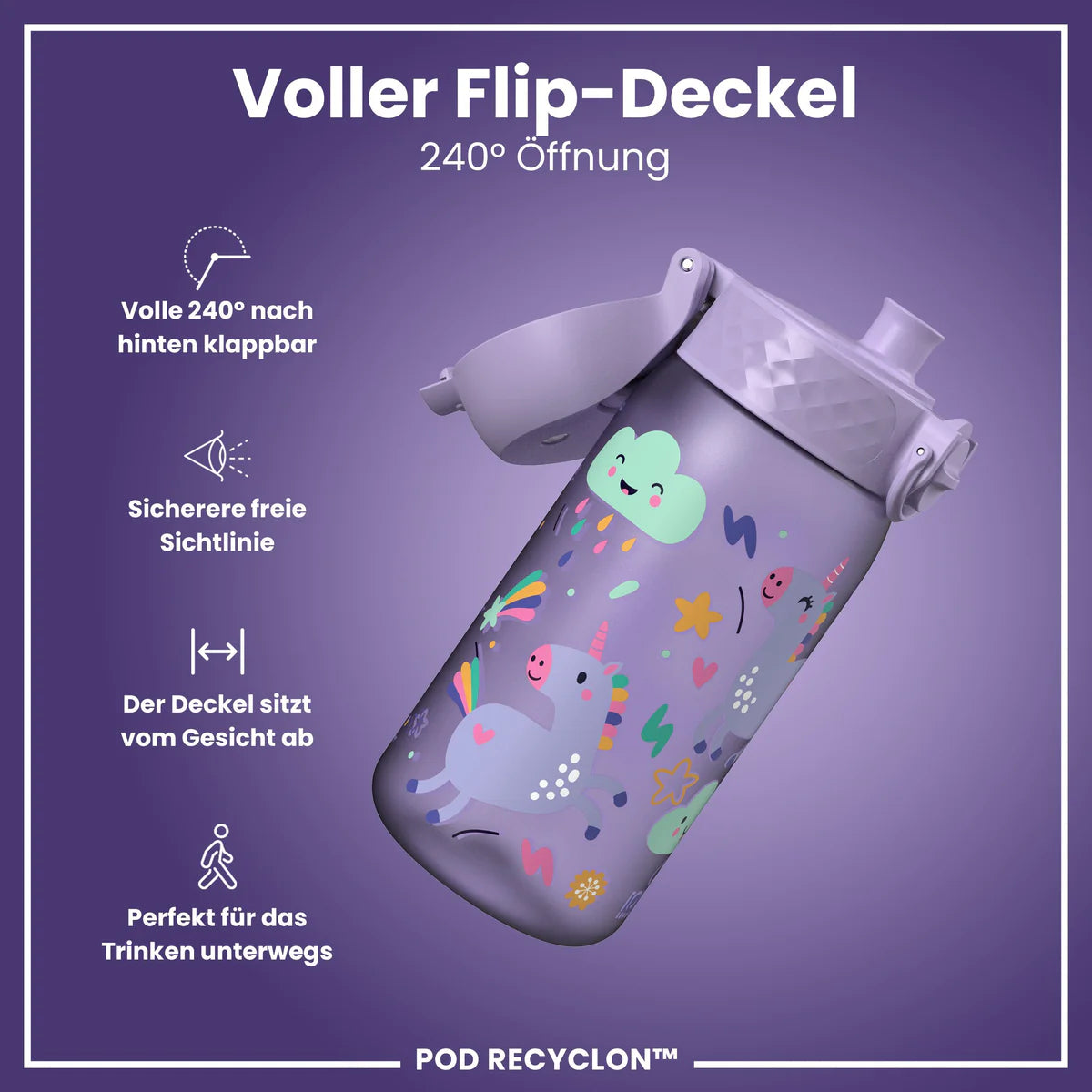 Kinder Trinkflasche Ion8 400ml mit Motiv Einhorn Lavendel
