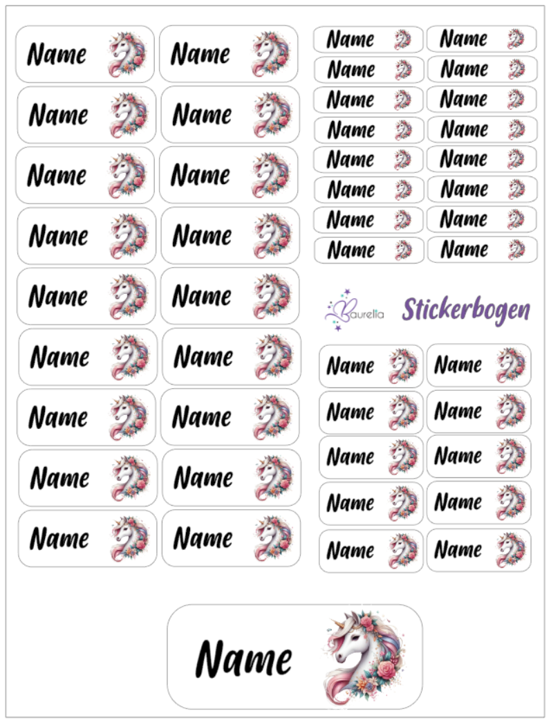 Baurelia Stickerset mit Name Einhorn 29