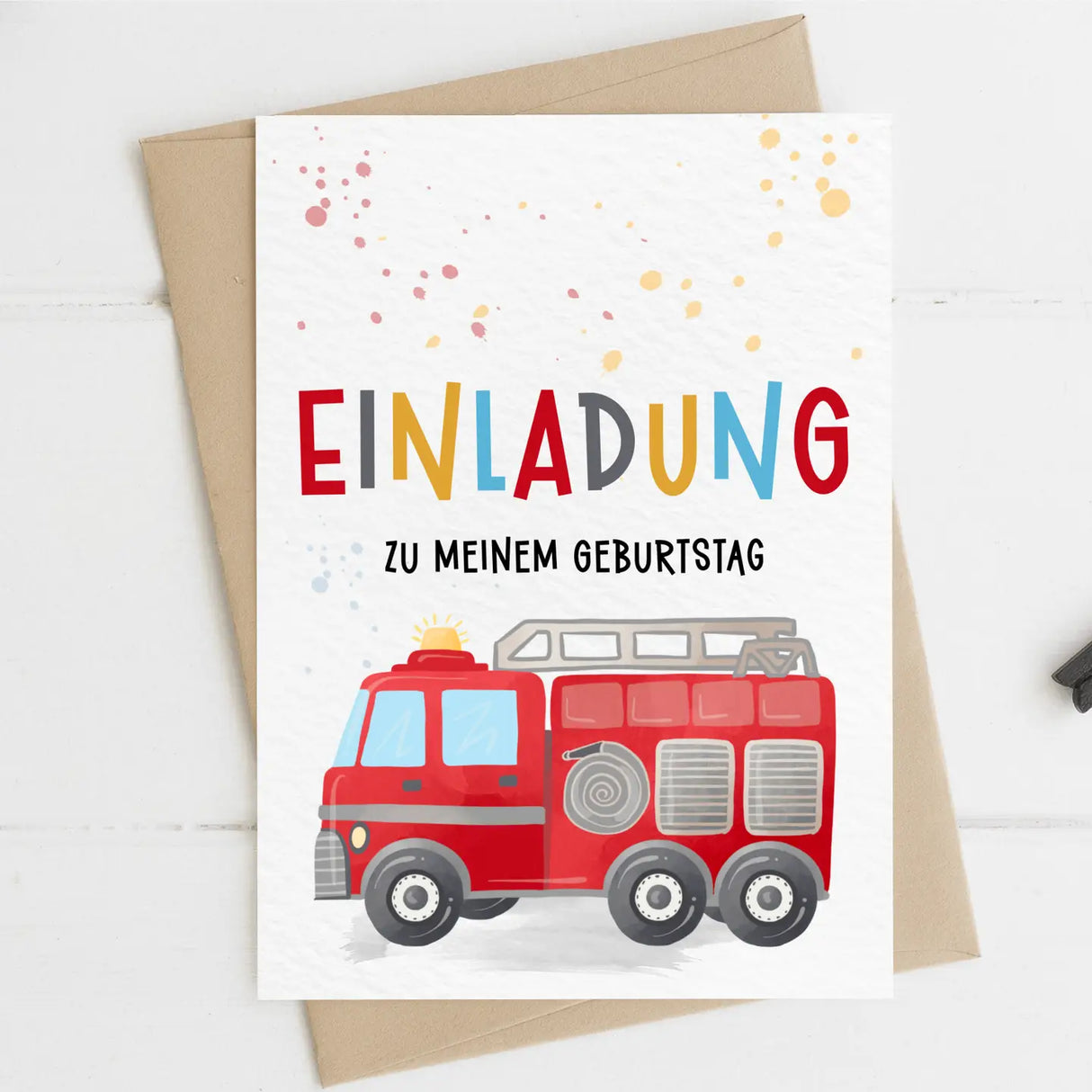 Einladungskarte Kindergeburtstag Feuerwehrauto