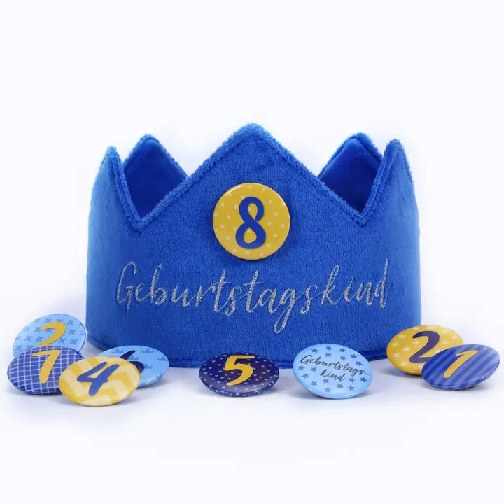 Geburtstagskrone mit Zahlen Button Blau