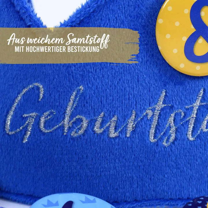 Geburtstagskrone mit Zahlen Button Blau