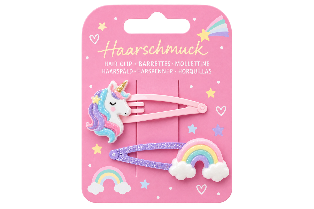 Haarspangen 2er Set Einhorn & Regenbogen mit Glitzer