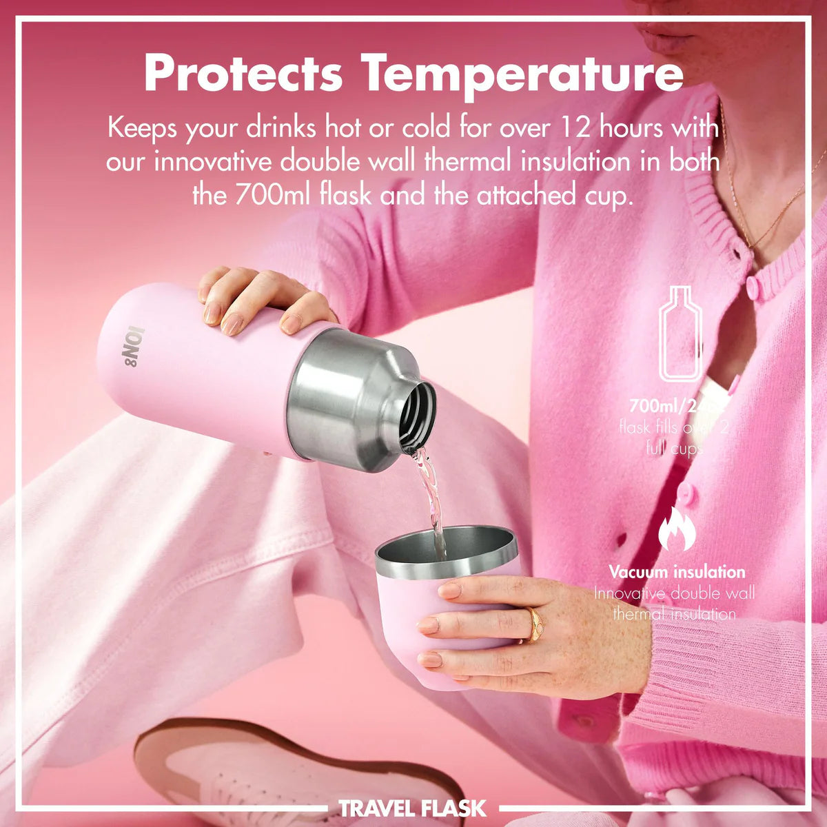 Thermosflasche mit Trinkbecher Ion8 700ml Rosa
