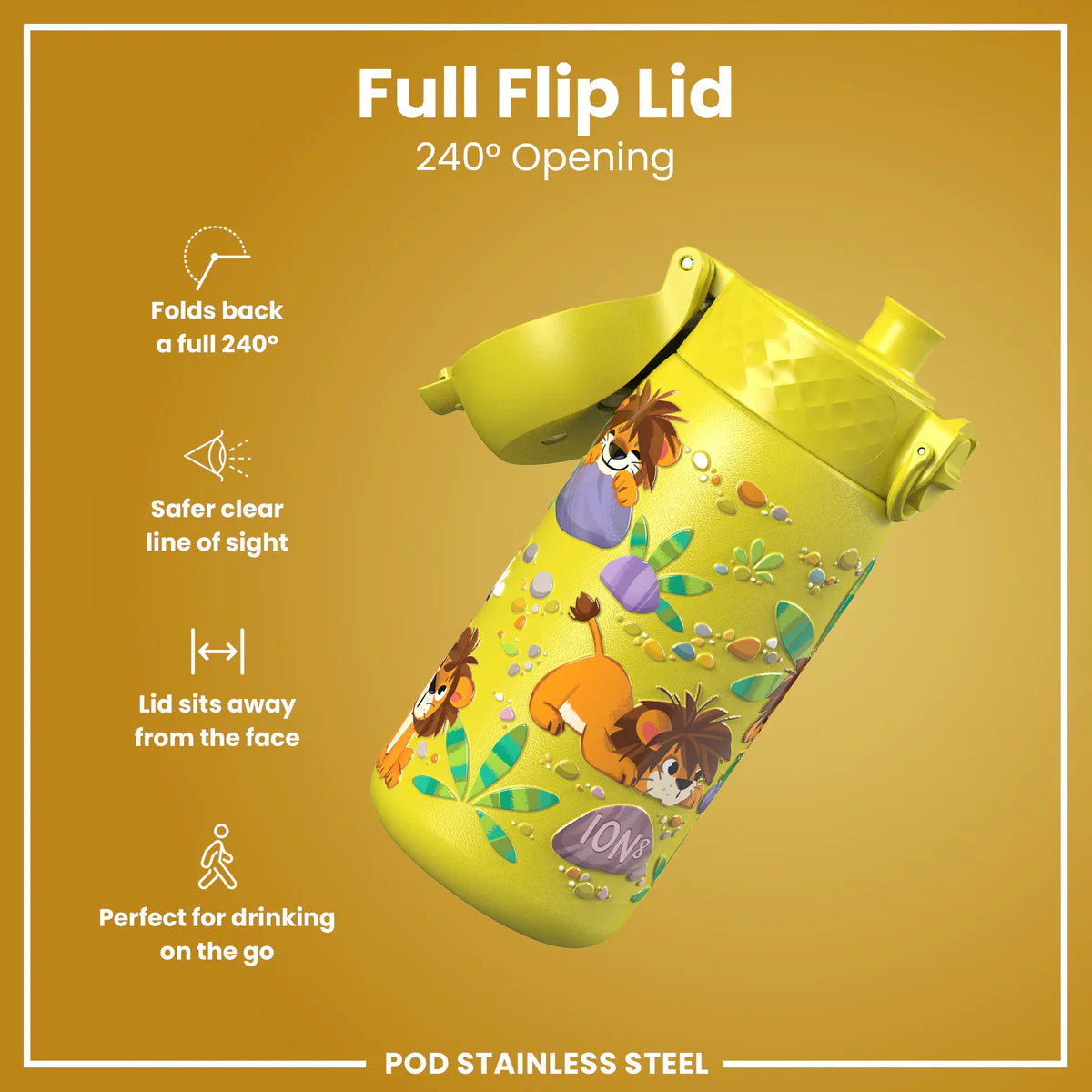 Kinder Edelstahl Trinkflasche Ion8 400ml Löwe