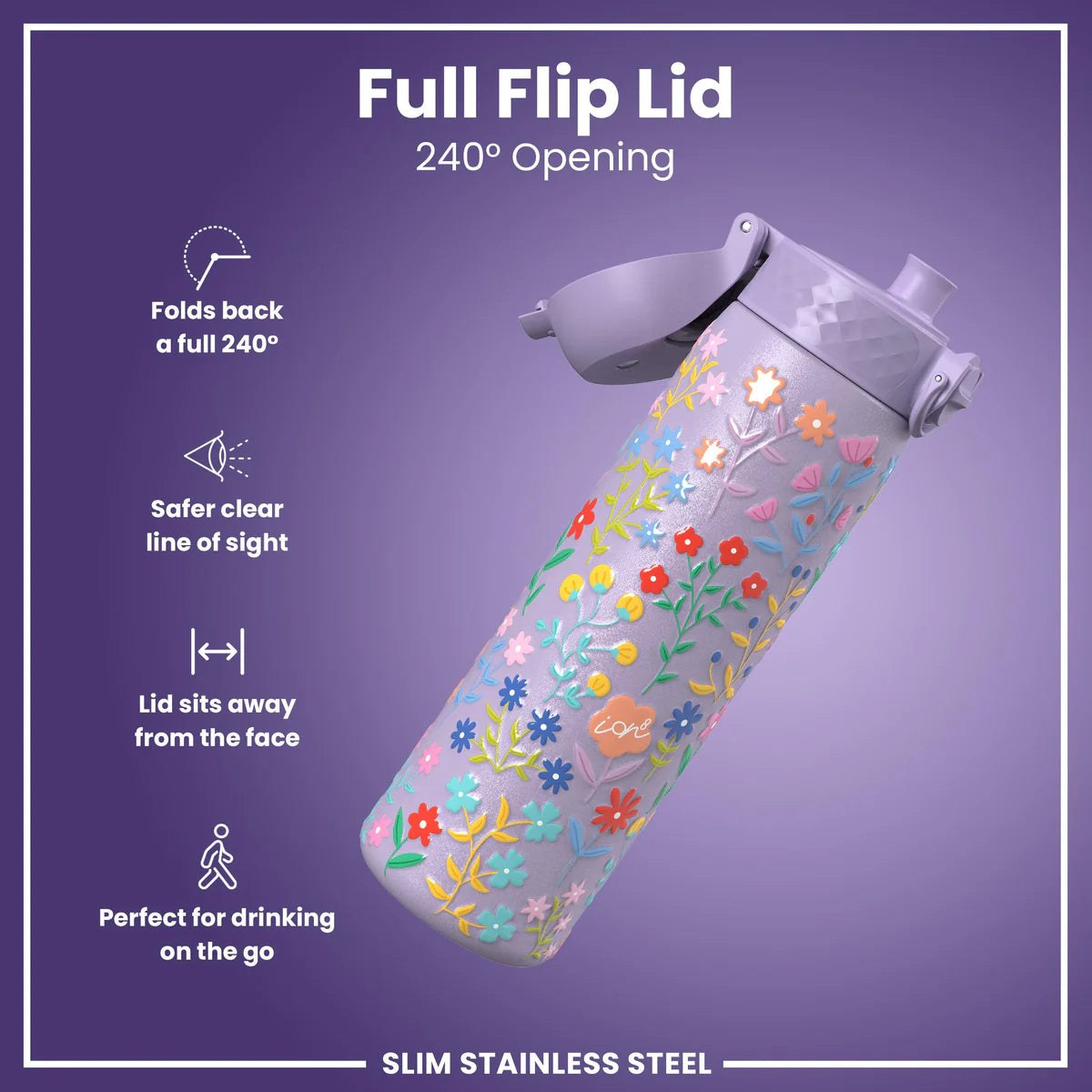 Edelstahl Trinkflasche Ion8 500ml Blumen Lavendel