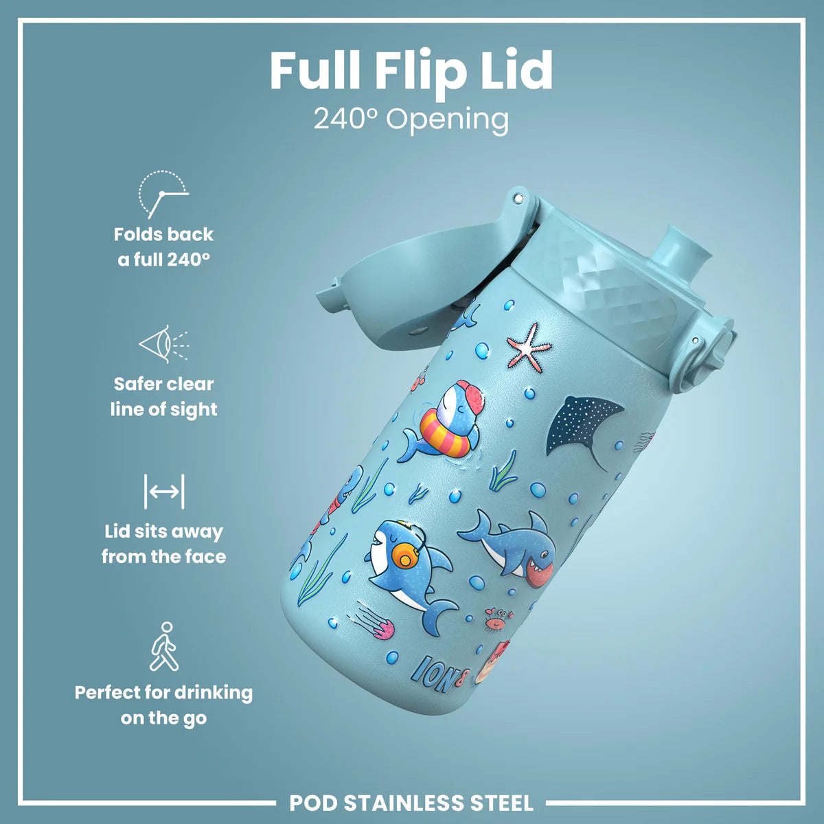 Kinder Thermosflasche Ion8 mit Motiv 350ml Haifisch Blau