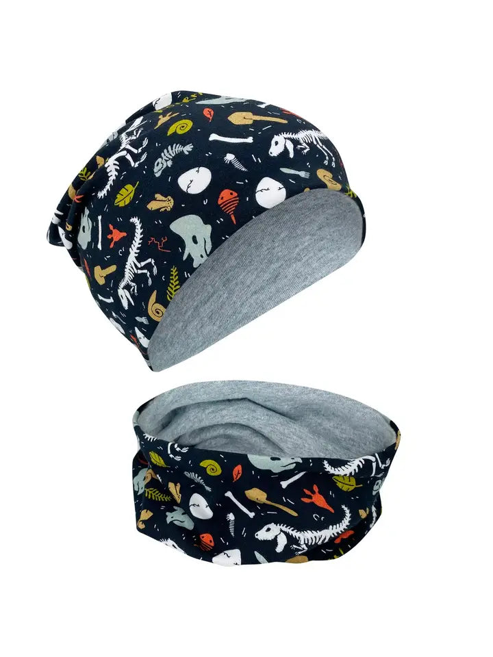 Kinder Übergangs Mütze & Loop Schal Dino Skelett