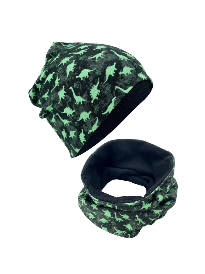 Kinder Winter Mütze & Loop Schal Dino