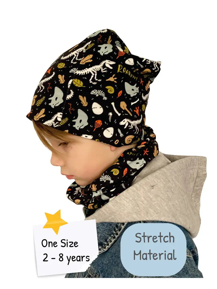 Kinder Winter Mütze & Loop Schal Dino Skelett