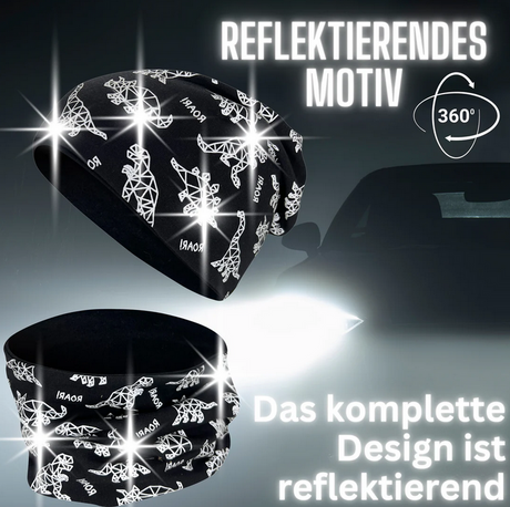 Kinder Beanie Mütze & Loop Schal Reflektierend Dino