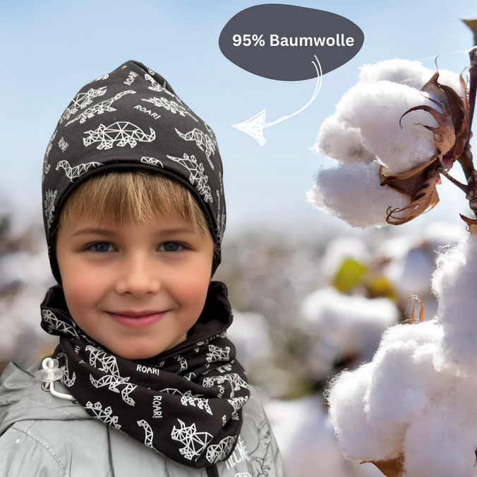 Kinder Winter Beanie Mütze & Loop Schal Reflektierend Dino