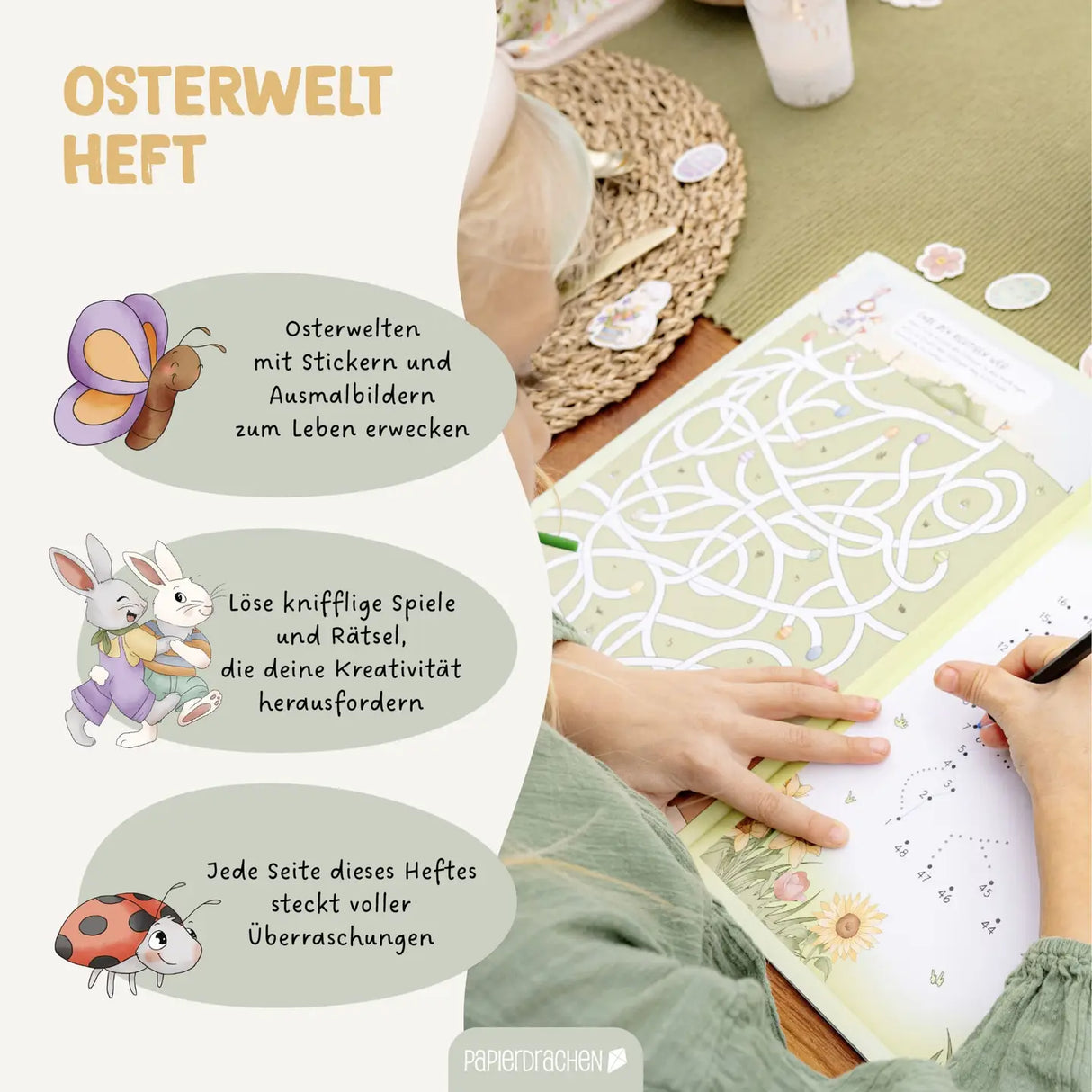 Kreatives Osterwelt Heft - Malen, Rätseln & Stickern