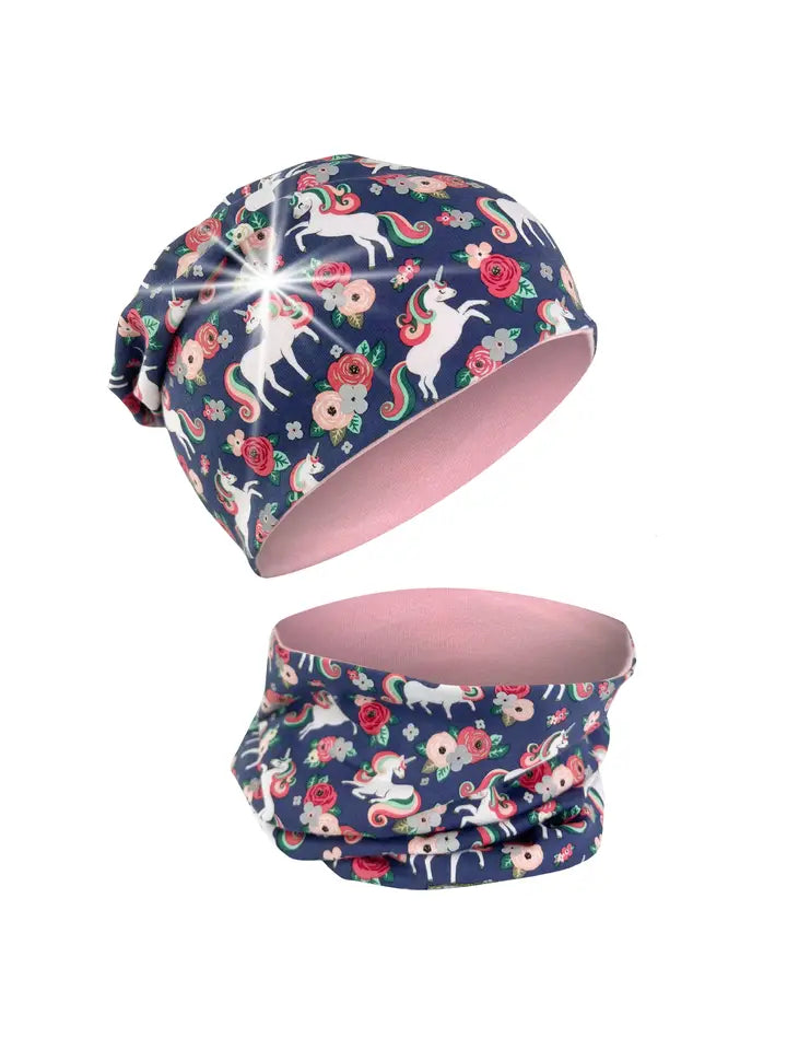 Kinder Beanie Mütze & Loop Schal Reflektierend Einhorn