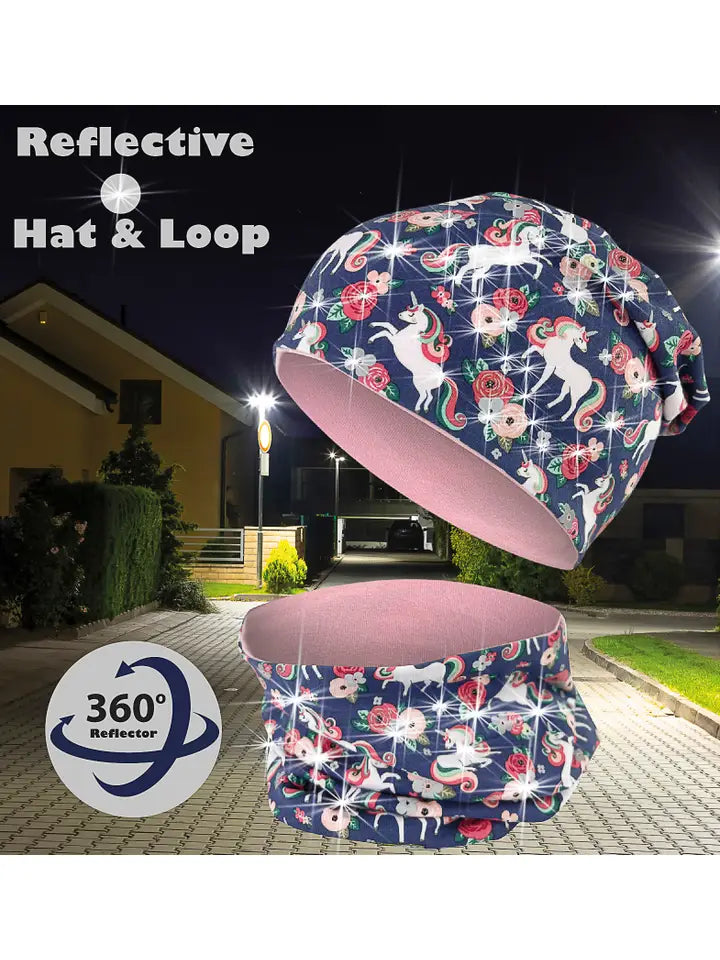 Kinder Beanie Mütze & Loop Schal Reflektierend Einhorn