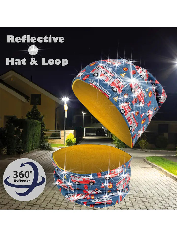 Kinder Beanie Mütze & Loop Schal Reflektierend Feuerwehr