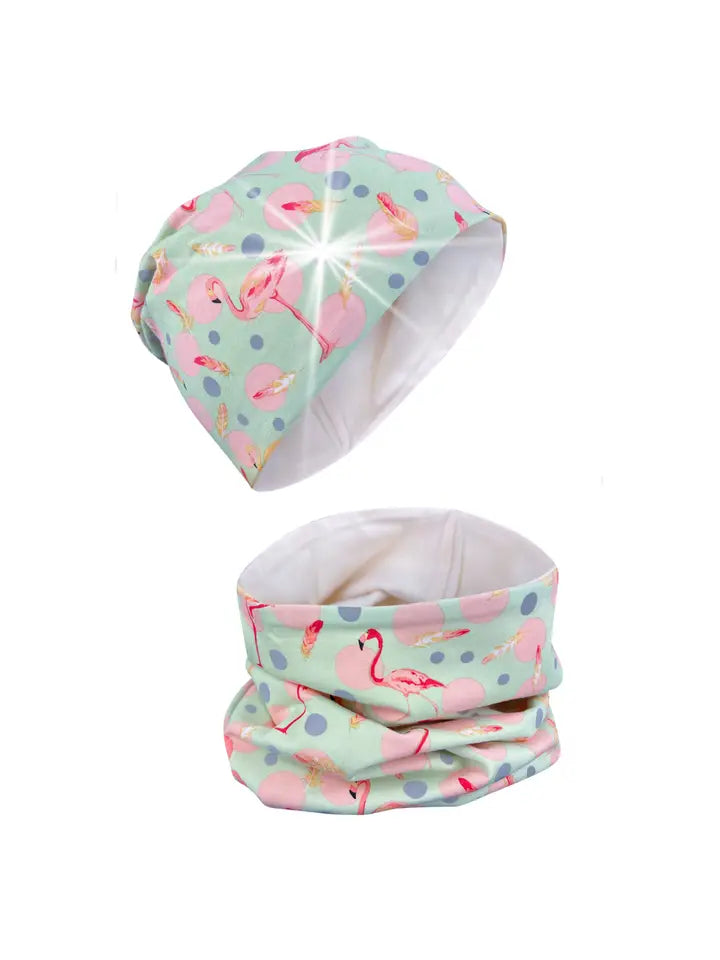 Kinder Beanie Mütze & Loop Schal Reflektierend Flamingo
